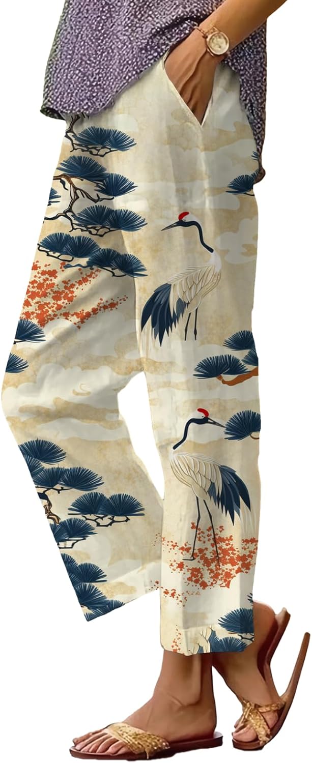 Women's Boho Floral Wide Leg Capris - Elastic Waist, Loose Fit Beach Pants | Casual Summer Trousers