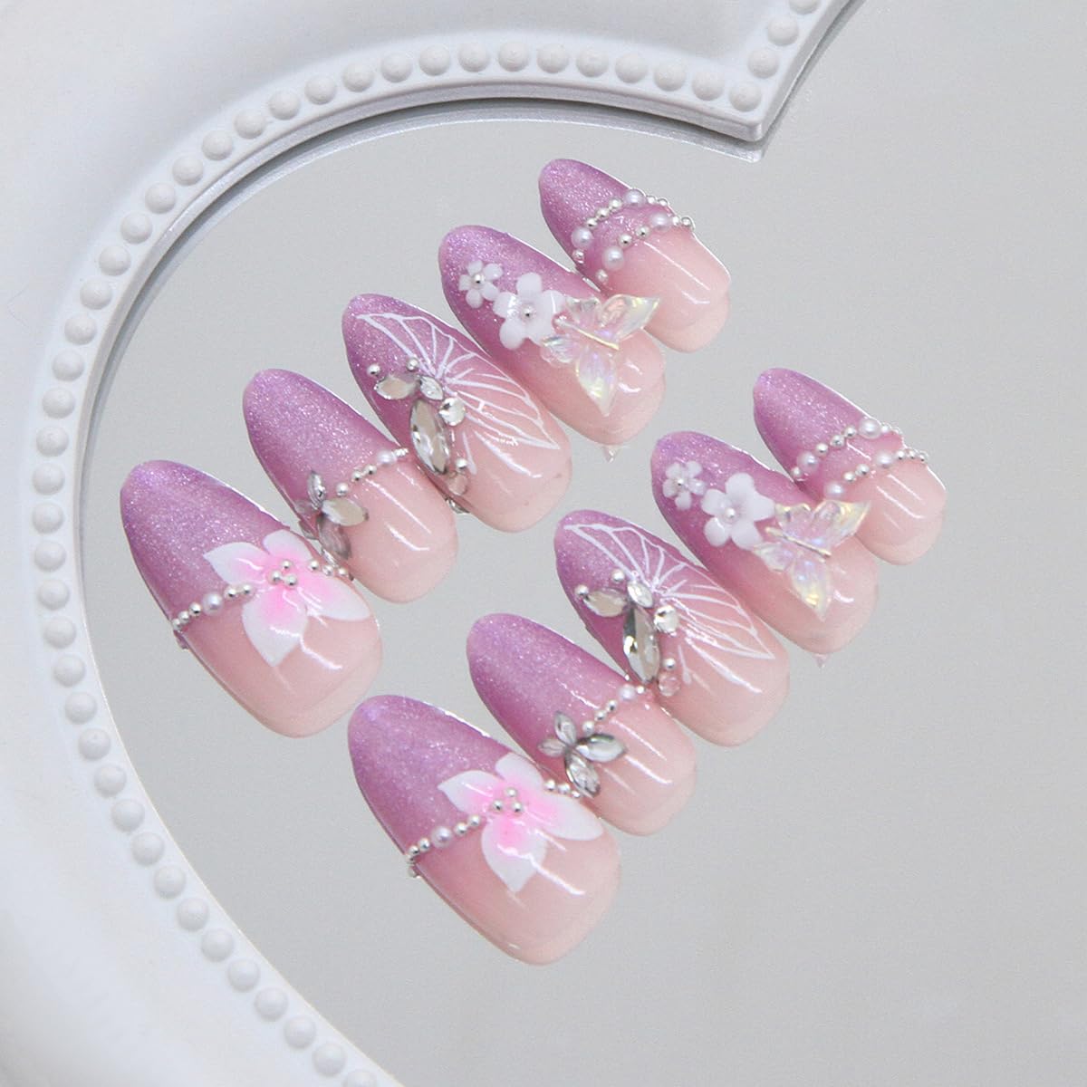 Gradient Purple Press-On Nails - Medium Almond French Tip with Glitter & 3D Pearl Gems | 30 Pcs Spring Flower Design
