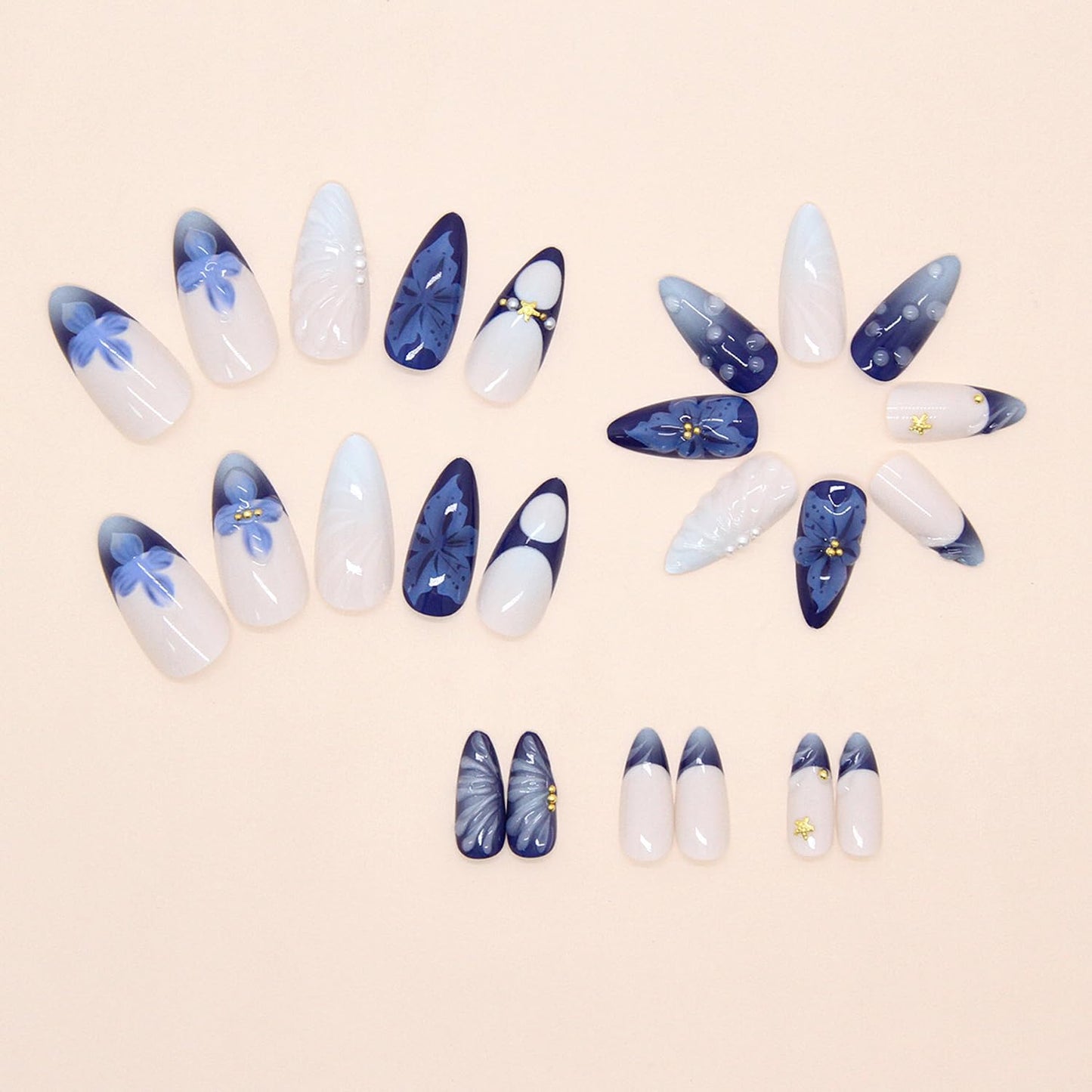 24Pcs Blue Flower Press on Nails Medium Almond French Tip Fake Nails with 3D Gold Starfish Pearls Designs Lily Flowers False Nails Blue Gradient Full Cover Cute Floral Acrylic Stick on Nails for Women