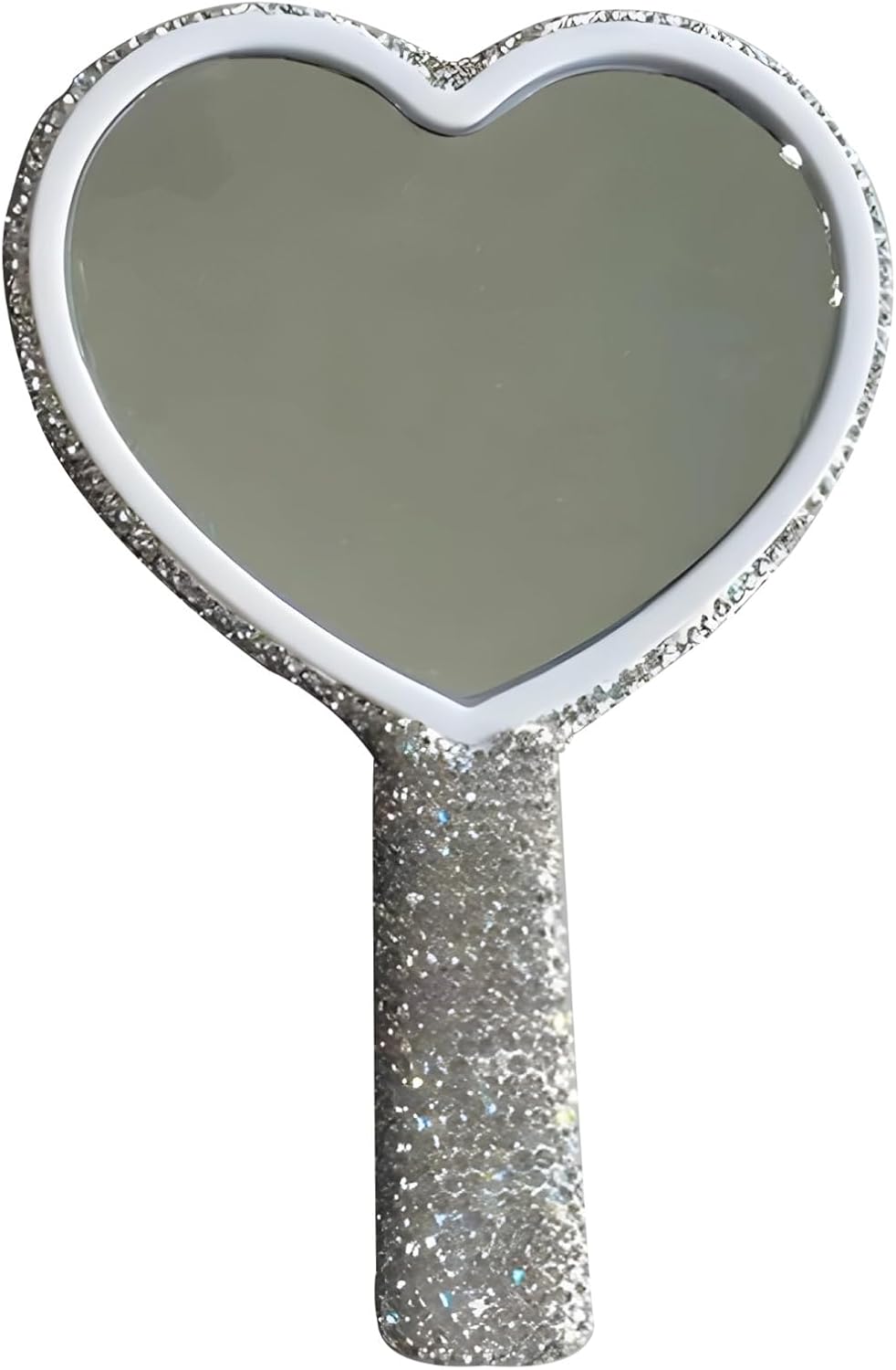 Heart Shaped Handheld Mirror - Sparkling Rhinestone Cosmetic Mirror for Women | Portable Travel Size 6.3 x 4.3 in / 16 x 11 cm - White