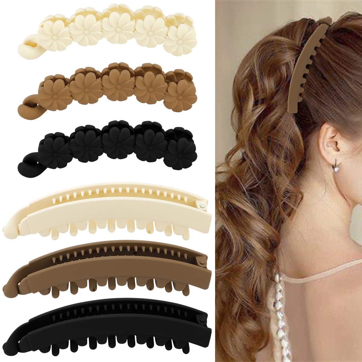 Hair Clips - 6PCS Bow Oval Banana Clips for Medium Thin Hair | 4.1 Inch Matte Strong Hold Half Ponytail Accessories