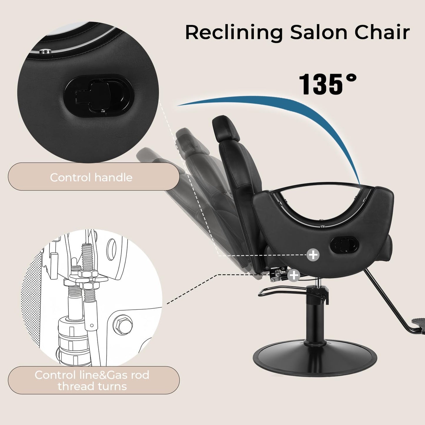 Reclining Salon Barber Chair - 360° Swivel, Adjustable Height, Heavy Duty Hydraulic | Matte Black