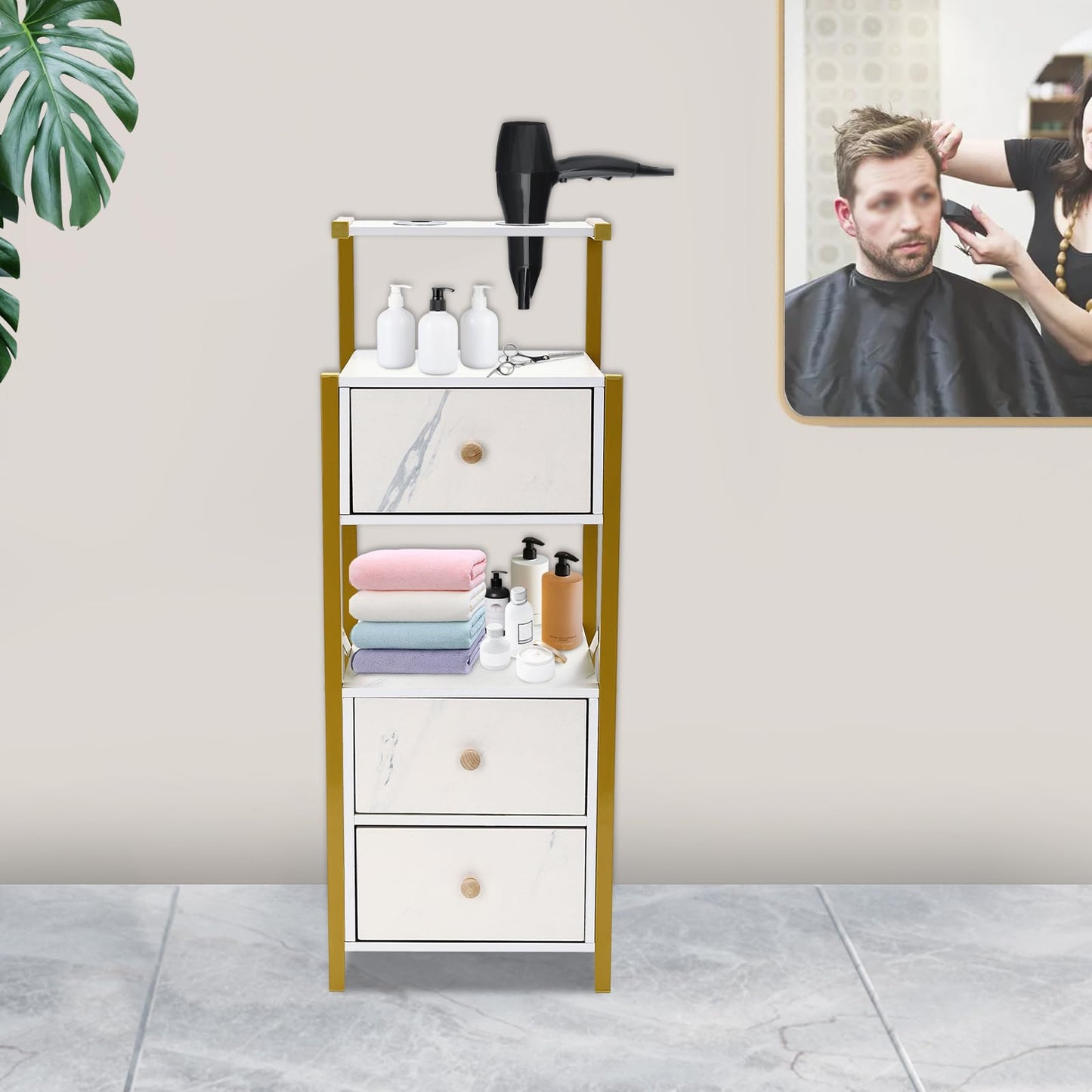 Beauty Salon Station Barber Stations w/Drawer, Makeup Storage w/Hair Dryer Holder Organizer Equipment for Barber-Stores