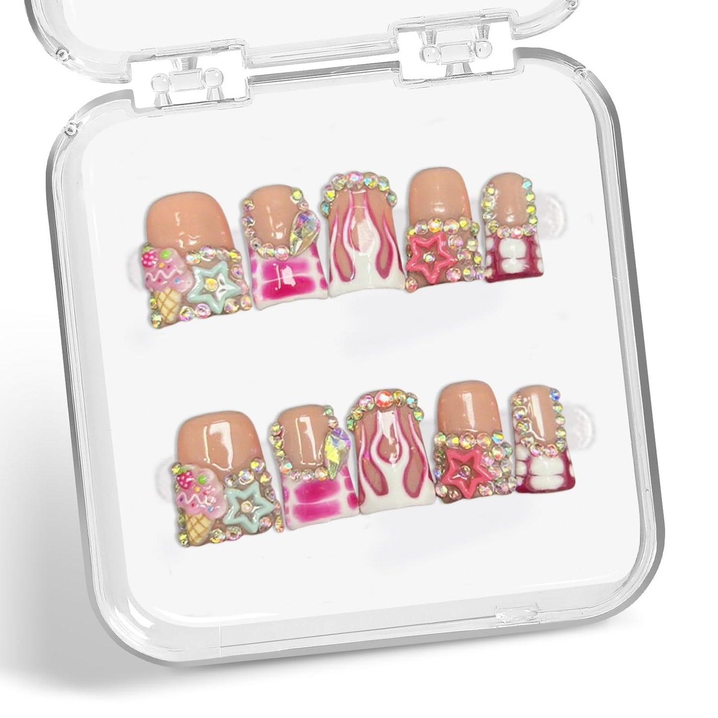 Colorful 3D Flower Press-On Nails - Handmade Thick Acrylic Full Cover | White French Tip (Medium)