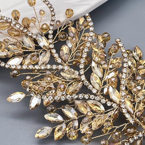 WONRLUA Champagne Bridal Headpiece, Leaf Wedding Hair Piece with Crystals