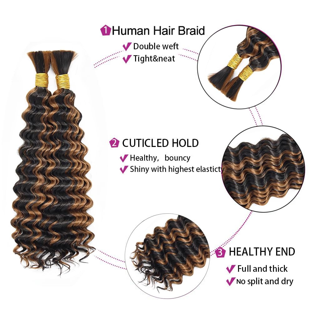 32 32 32 Inch P430 Highlight Brown Human Braiding Hair for Boho Braids 3 Bundles 150g 2 Tone #30 and #4 Brown Deep Wave Braiding Hair for Bohemian Knotless Braids Bundles