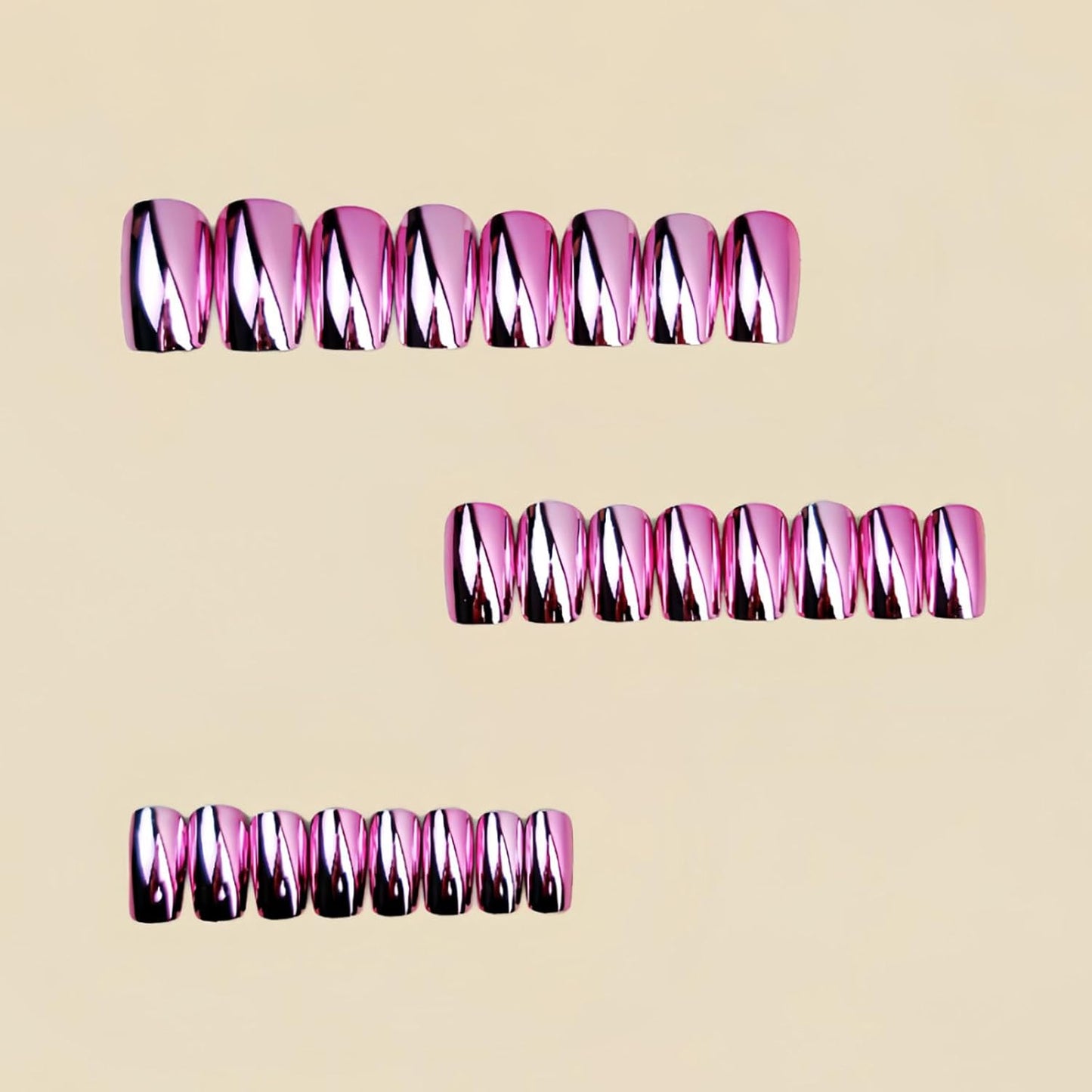 Press On Nails - Medium Length Pink Chrome Square Full Cover | 24 Pcs Sparkly Artificial Nails for Women