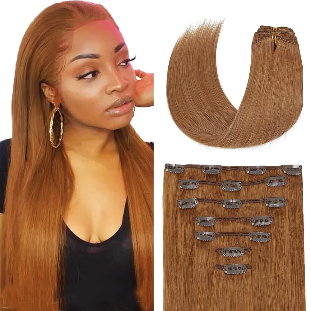 Clip in Hair Extensions Real Human Hair #30 Brown, 28 Inch 120g/7Pcs,Full Shine Remy Human Hair,Light Brown Straight Clip ins Brazilian Virgin Human Hair Extensions
