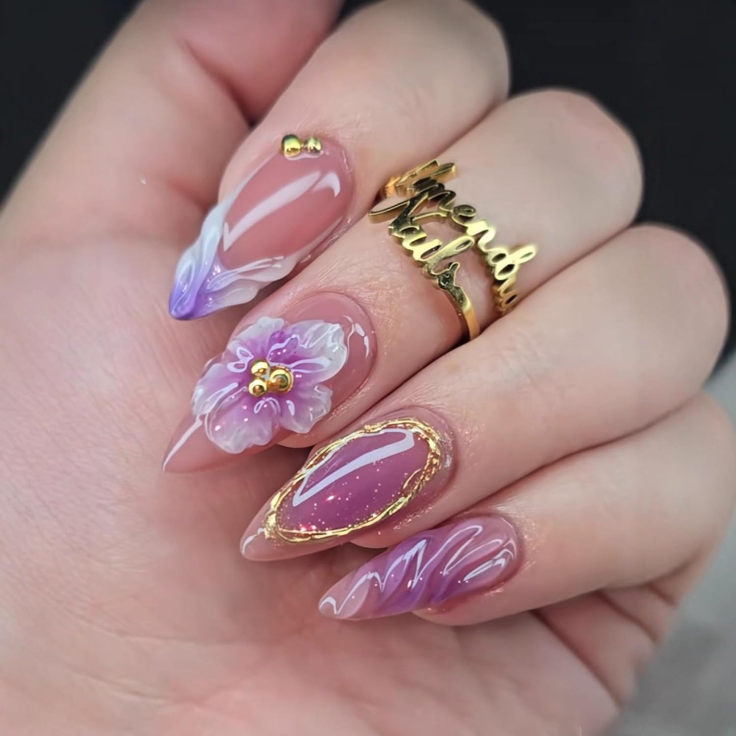 French Tip Press-On Nails - 24Pcs Medium Almond Colorful Star Design | Spring Flower Acrylic Manicure