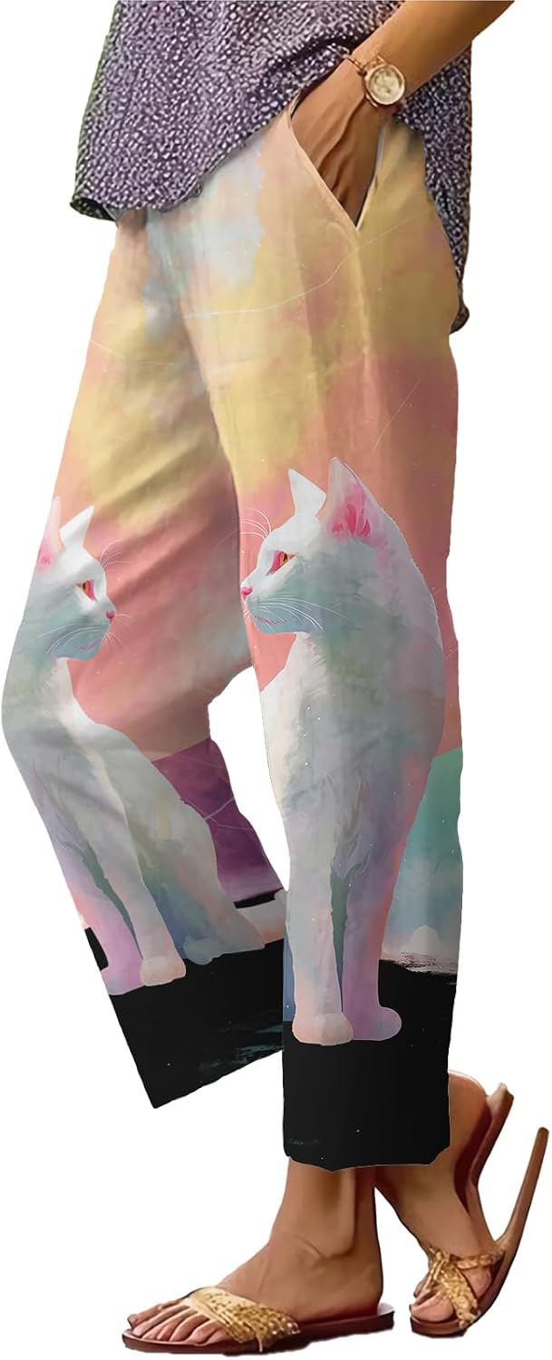 Womens Plus Size Floral Boho Capris - Elastic Waist Beach Trousers | Casual Summer Pants