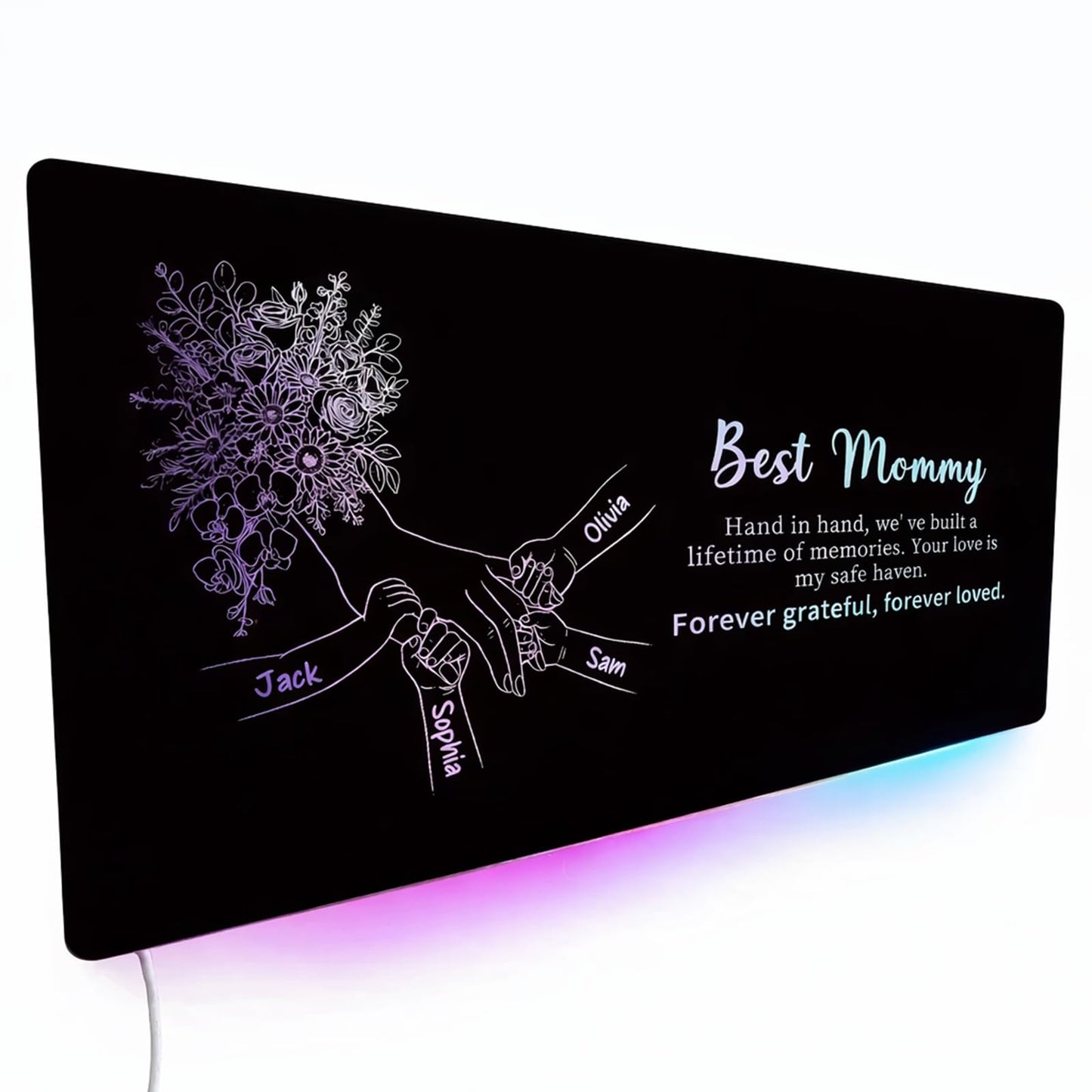 LogaPresent Hand in Hand Personalized Mom and Kids' Hands Mirror Light Custom Mommy Holding Hands Mirror with Kids Names for Mom Nana Grandma Mothers Day (Mirror-5)