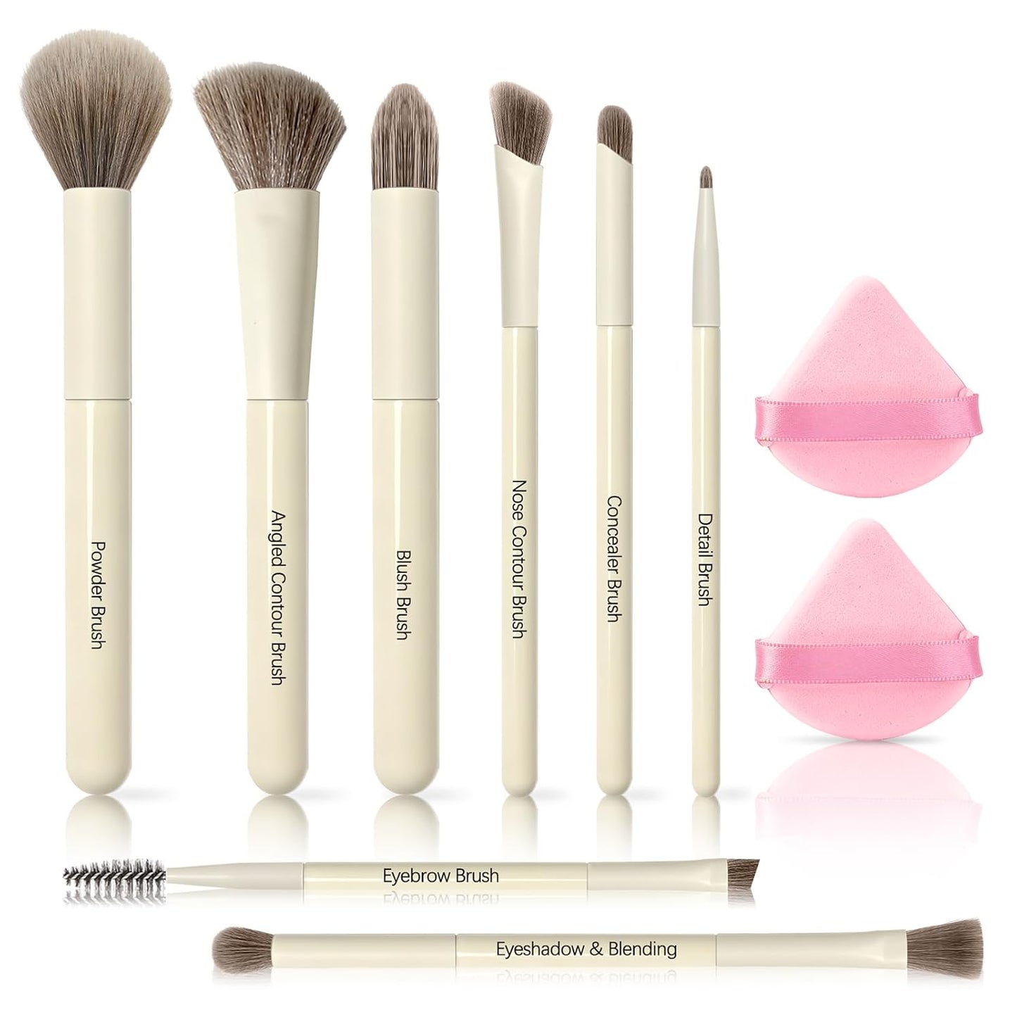 Makeup Brush Set - Premium Synthetic Brushes with 2 Puffs | 8-Piece Kit for Powder, Concealers & Eye Shadows (White)