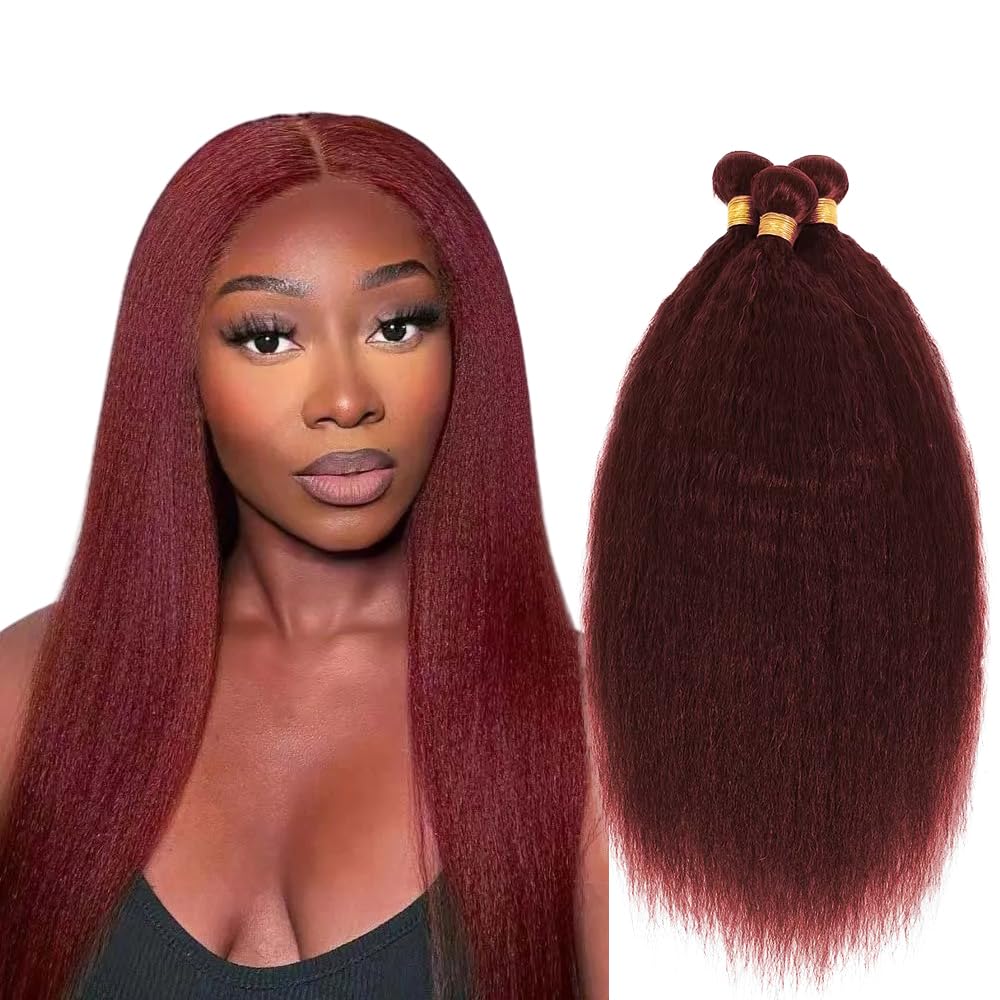 #99J Burgundy Bundles Human Hair Yaki Straight Bundles 32 32 32 Inch Wine Red Kinky Straight Bundle Unprocessed Brazilian Virgin Weave Hair 3 Bundle 50 Gram Per Bundle
