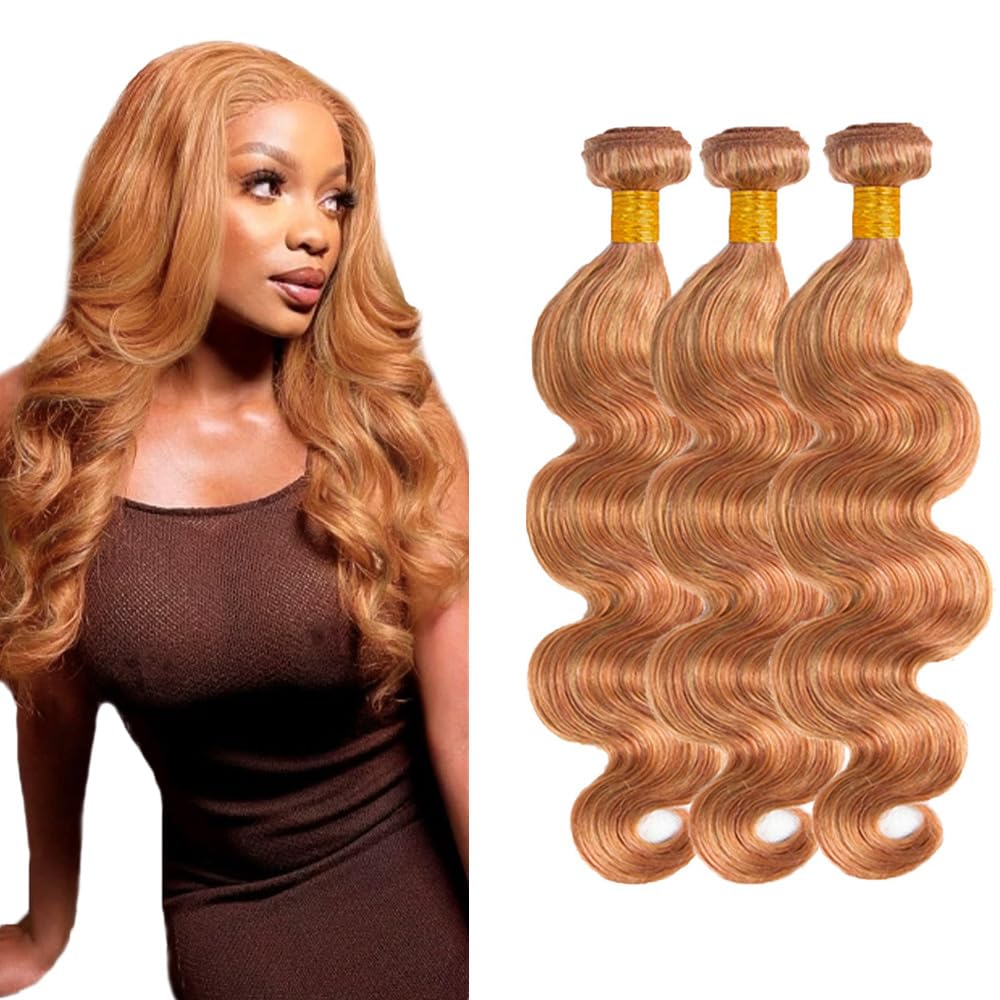 Honey Blonde Human Hair Bundles Honey Brown Body Wave Bundles 18 20 22 Inch Brazilian Virgin Remy 3 Bundles P27/30 Highlight Body Wave Hair Extensions