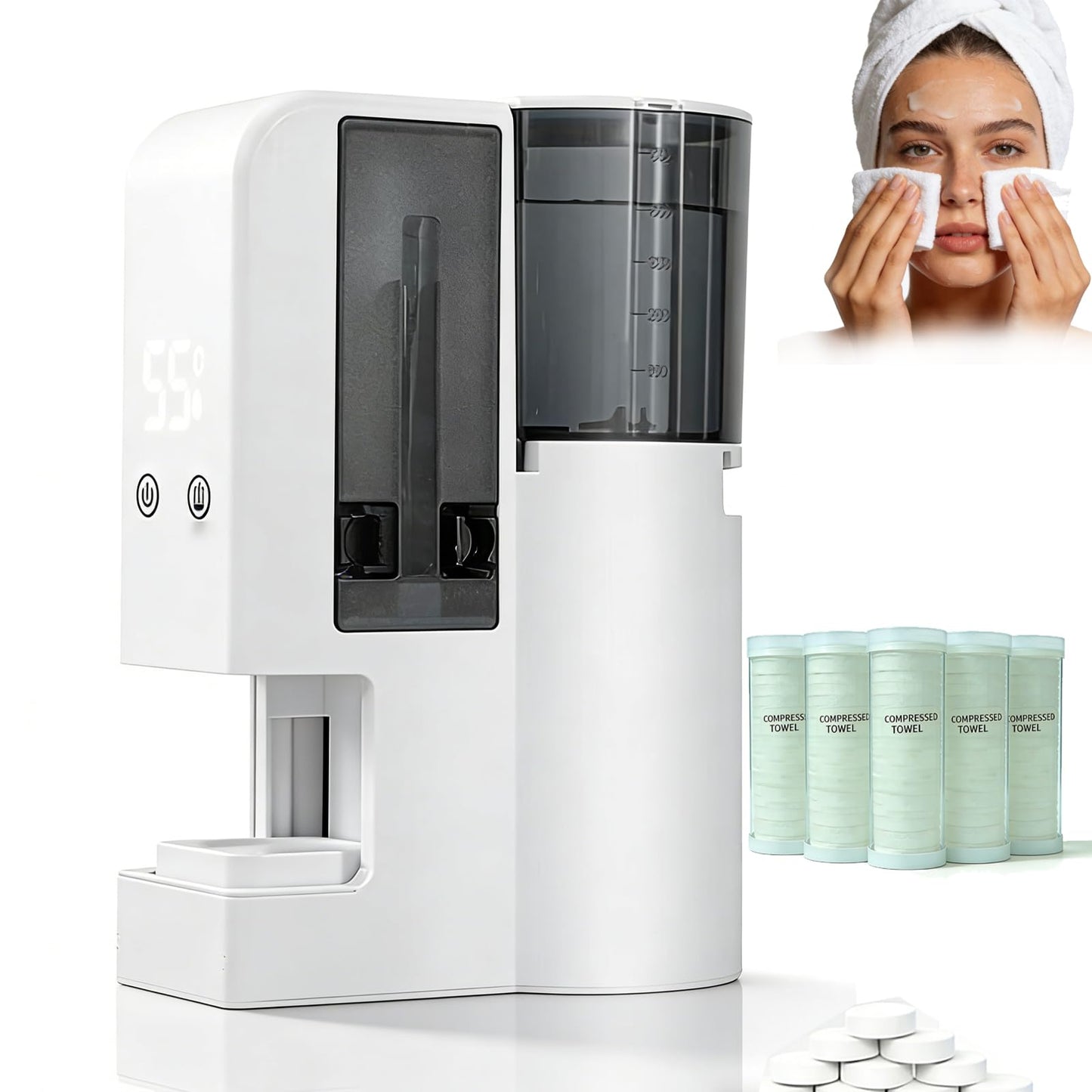 Hot Towel Dispenser for Face & Bathroom, Automatic Hot Towel Heater Machine, 5-Second Warm Moist Towels, Safe 131°F Temperature, Includes 100 Disposable Towels for Skincare & Home Spa