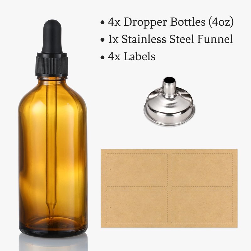 AOZITA 4 Pack, 4 oz Dropper Bottles with 1 Funnel & 4 Labels - Essential Oils Bottles for Health, Personal Care & Beauty - 120ml Thick Dark Amber Glass Tincture Bottles with Eye Droppers, Leakproof