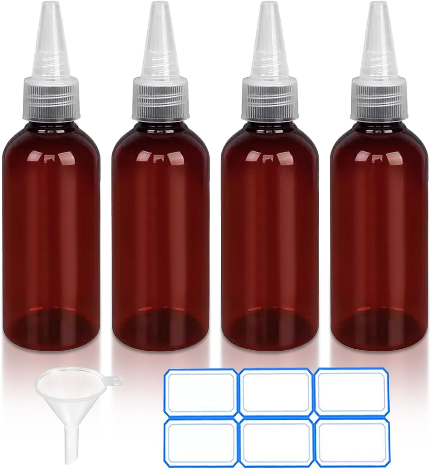 Amber Plastic Essential Oil Bottles - 4 Pack 1 Oz (30ml) with Funnel & Labels for Liquid Storage