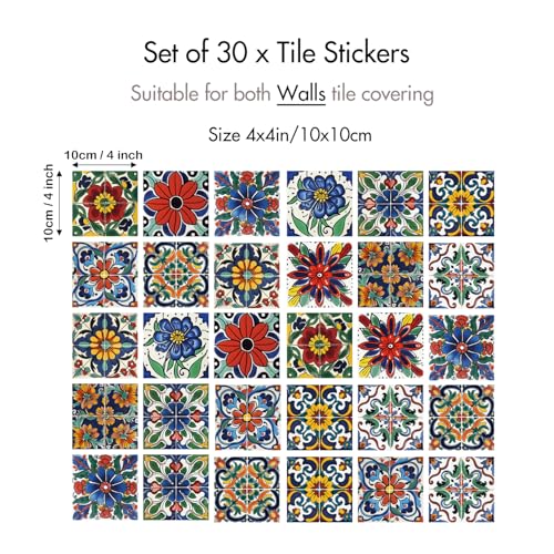 30 Pcs Waterproof Peel and Stick Wall Tile Decals - Spanish Floral 4x4 Inch