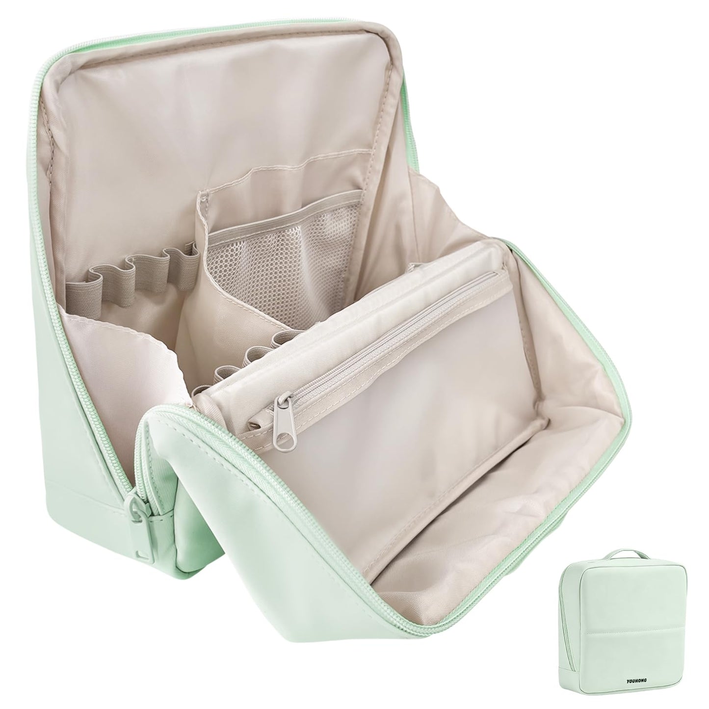 Travel Makeup Bag, Large Capacity Toiletry Bag, Waterproof PU Leather Cosmetic Bag with Clear Dividers & Handle, Portable Lightweight Vertical Free-Standing Brush Holder for Men & Women(Green)