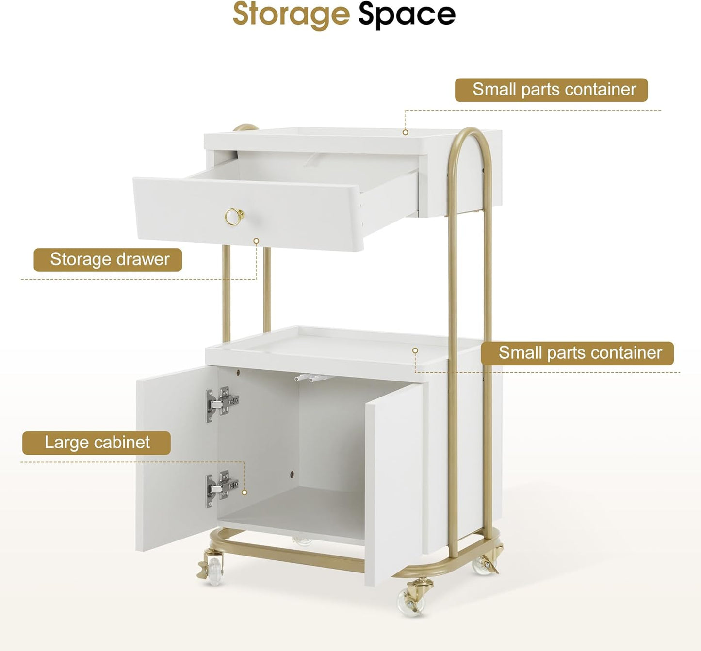 Salon Trolley with Universal Wheels - Rolling Storage Cart for Hair Stylists | Metal Organizer for Cosmetics (White)