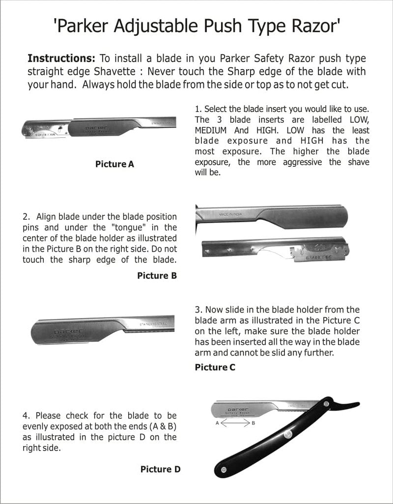 Parker PTABK Adjustable Stainless-Steel Barber Razor | 3 Blade Exposures (Low/Medium/High) | Straight Shavette with 5 Premium Platinum Refills | Black Stainless Steel Handle