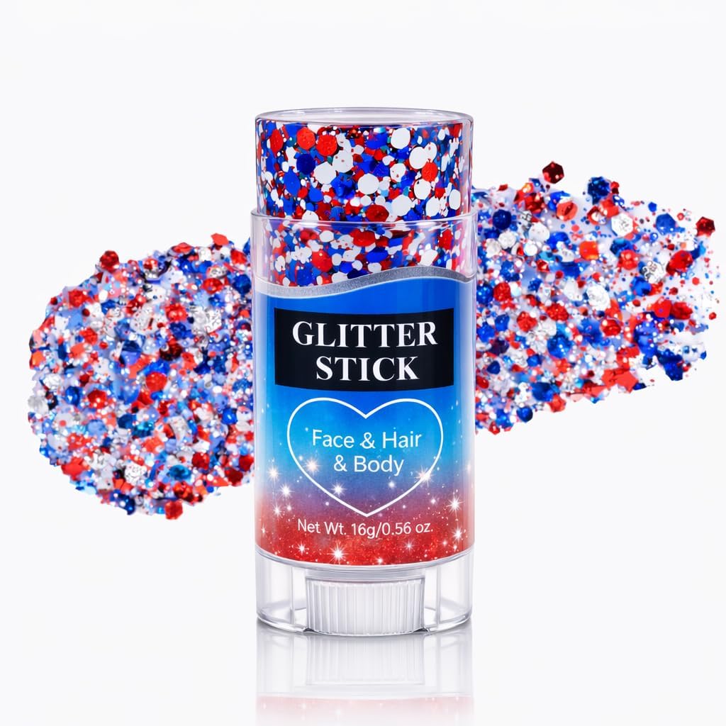 Patriotic Glitter Stick - Red, White & Blue Face, Hair & Body Glitter for 4th of July | Sparkling, Self-Adhesive & Waterproof