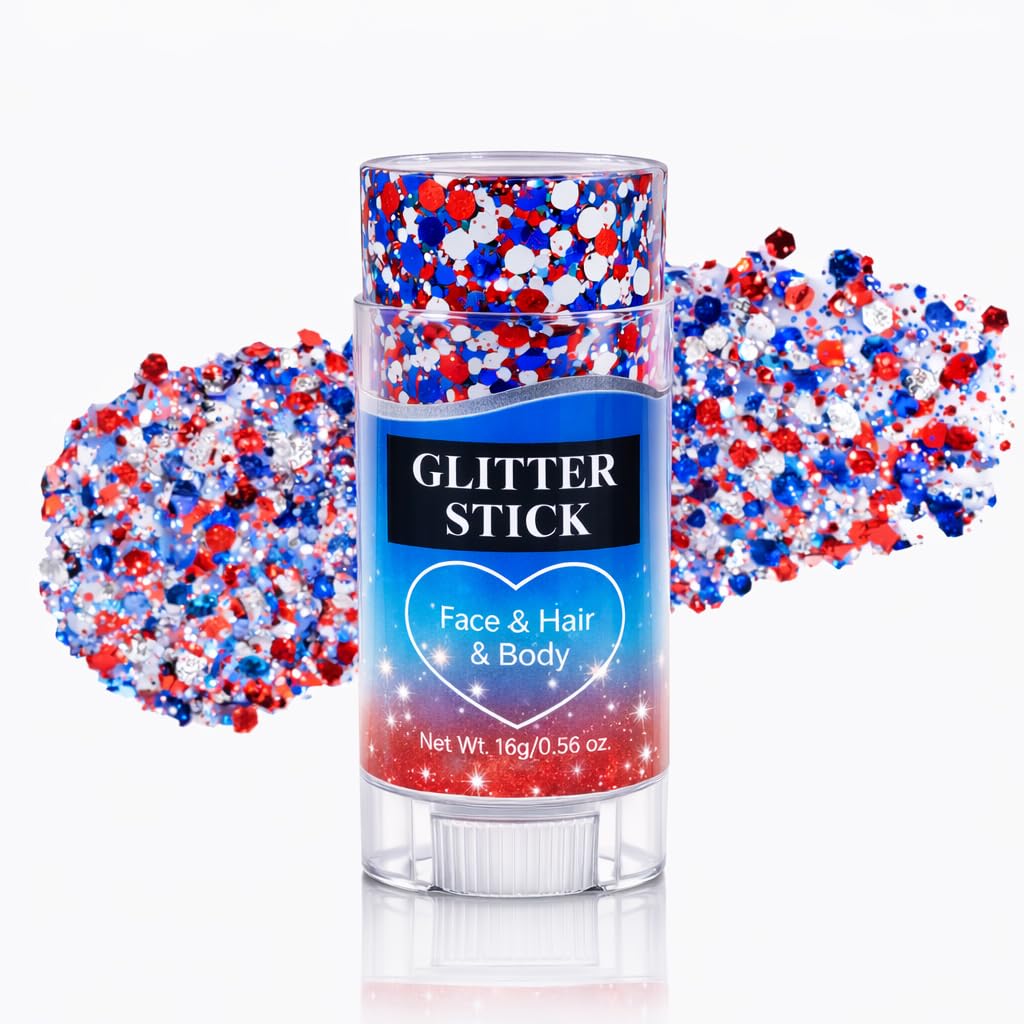 Oiomniv 4th of July Red White & Blue Glitter Stick – Patriotic Face, Hair & Body Glitter for Independence Day, Parades & Festivals – Sparkling, Self-Adhesive, Safe & Waterproof for Adults & Kids
