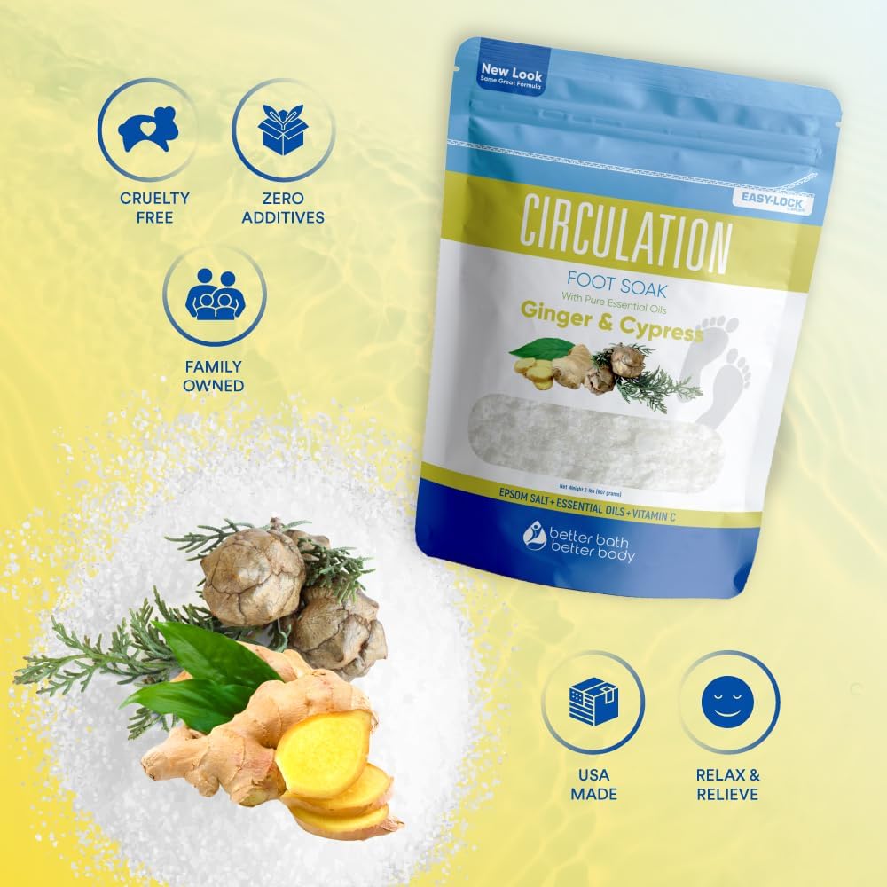 Epsom Salt Foot Soak - 32 Oz Ginger & Cypress Essential Oils | Vitamin C Enriched, BPA-Free Pouch