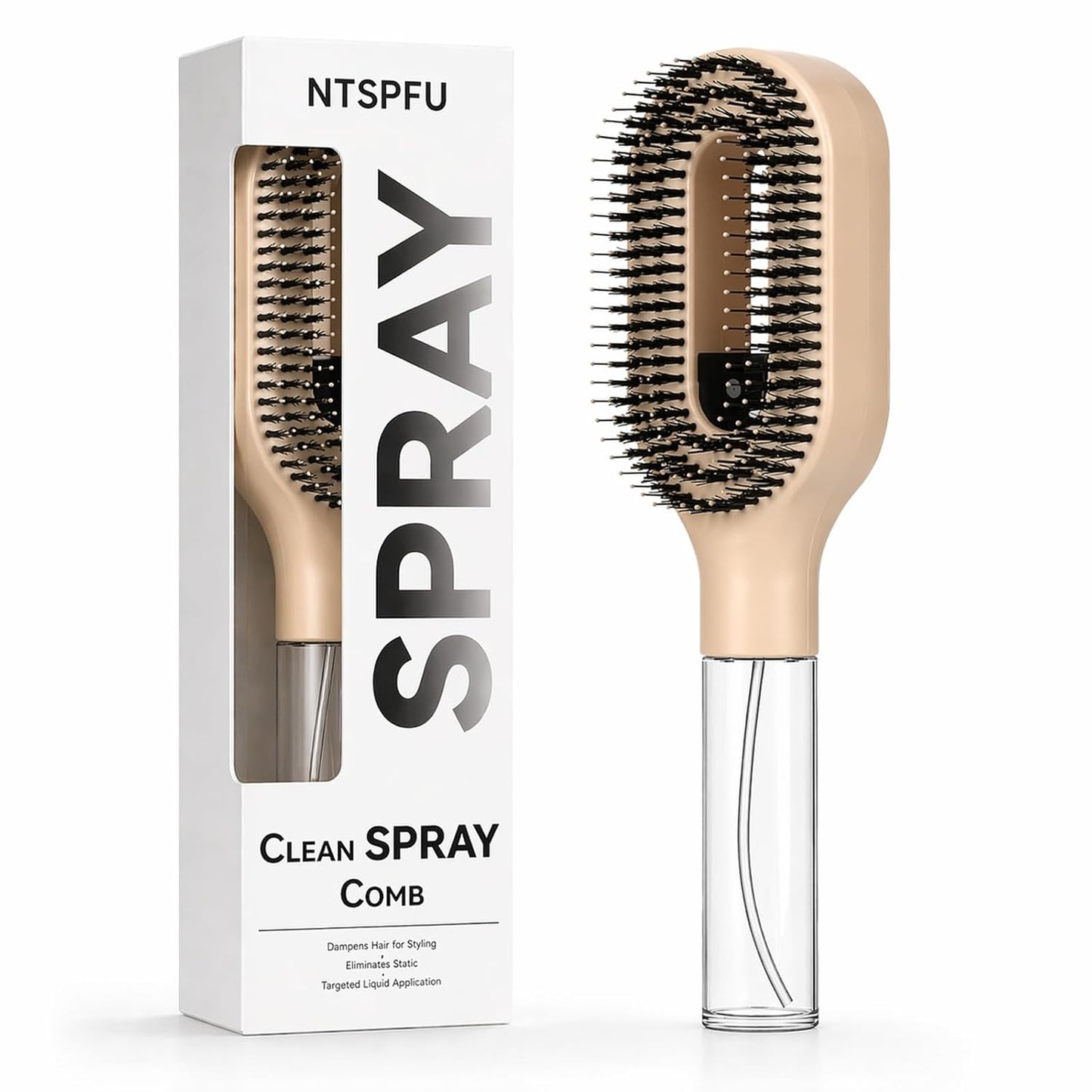 Misting Hair Brush - 2-in-1 Detangling Wet & Dry Hairbrush for Curly & Thick Hair | Refillable Water Spray, Anti-Frizz (Khaki)