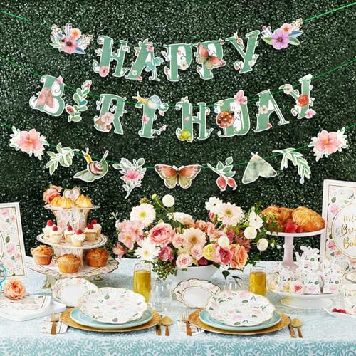 Sage Green Floral Happy Birthday Banner with Butterflies - Pre-Strung