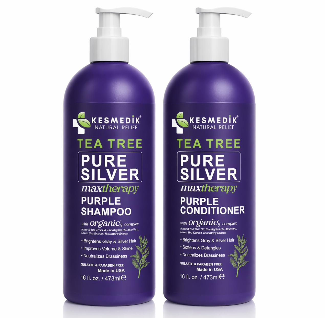 KESMEDIK Tea Tree Purple Shampoo & Conditioner Set with Rosemary & Aloe, Professional Anti Brass Toner, Removes Yellow Tones for Gray, Bleached, White & Blonde Hair, Refreshes Scalp, Sulfate-Free