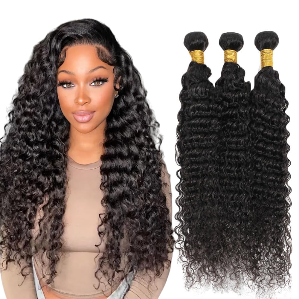 Deep Wave Bundles Human Hair 30 32 34 Inch Deep Wave Bundle #1B Natural Black Color Unprocessed Brazilian Virgin Weave Hair 3 Bundle 50 Gram Per Bundle for Black Women