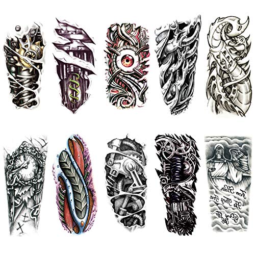Ooopsiun Waterproof Temporary Tattoos for Men - 10 Sheets Punk Mechanical Arm Designs