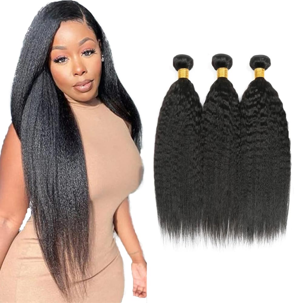 #1B Human Hair Bundles Natural Color Kinky Straight Bundles 16 18 20 Inch Balck Yaki Straight Bundles Unprocessed Brazilian Virgin Hair 3 Bundle 50 Gram Per Bundle Deals Quick Weave Hair Extensions