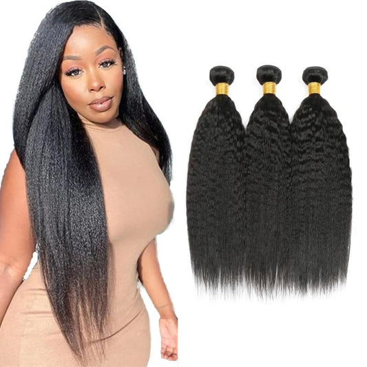 #1B Human Hair Bundles Natural Color Kinky Straight Bundles 16 18 20 Inch Balck Yaki Straight Bundles Unprocessed Brazilian Virgin Hair 3 Bundle 50 Gram Per Bundle Deals Quick Weave Hair Extensions