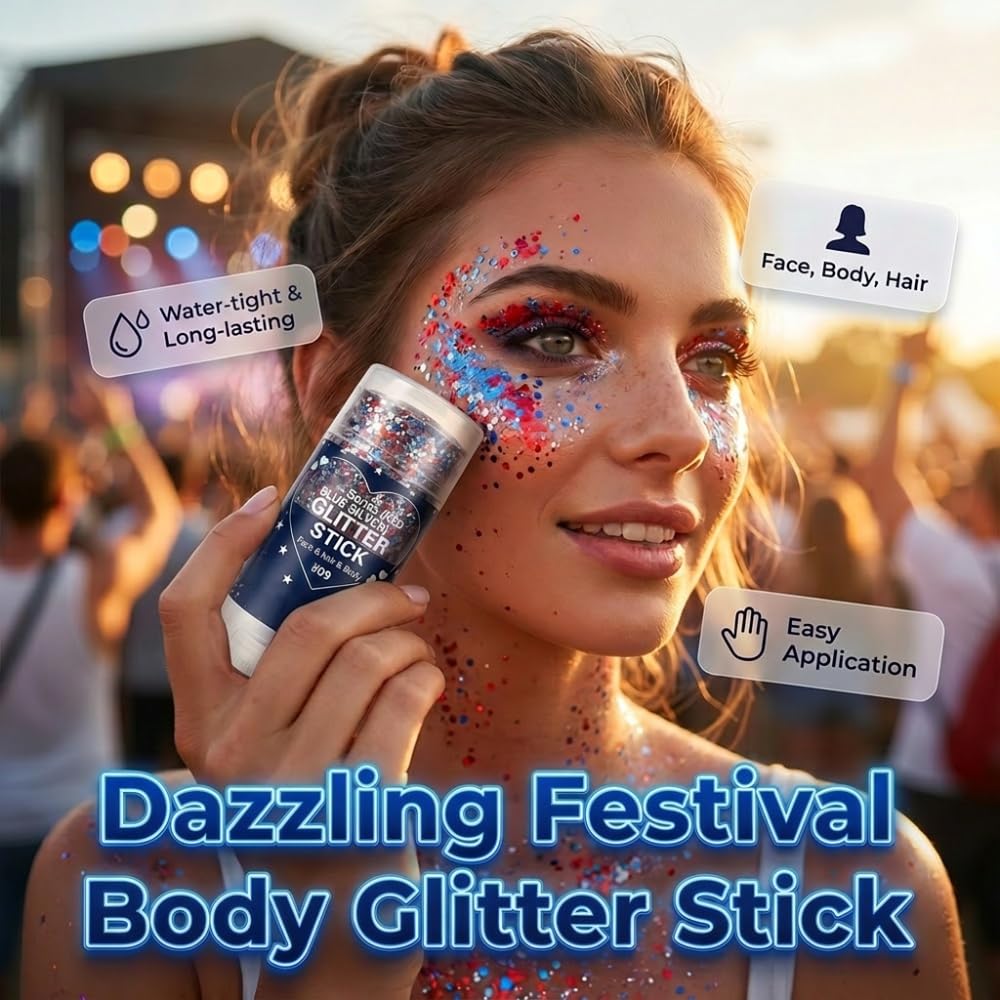 4th of July Glitter Stick, Patriotic Red White and Blue Face Hair Body Glitter Stick, 4th of July Outfits for Women Men, Sparkling Glitter Makeup Accessory for Independence Day (E,1pcs)