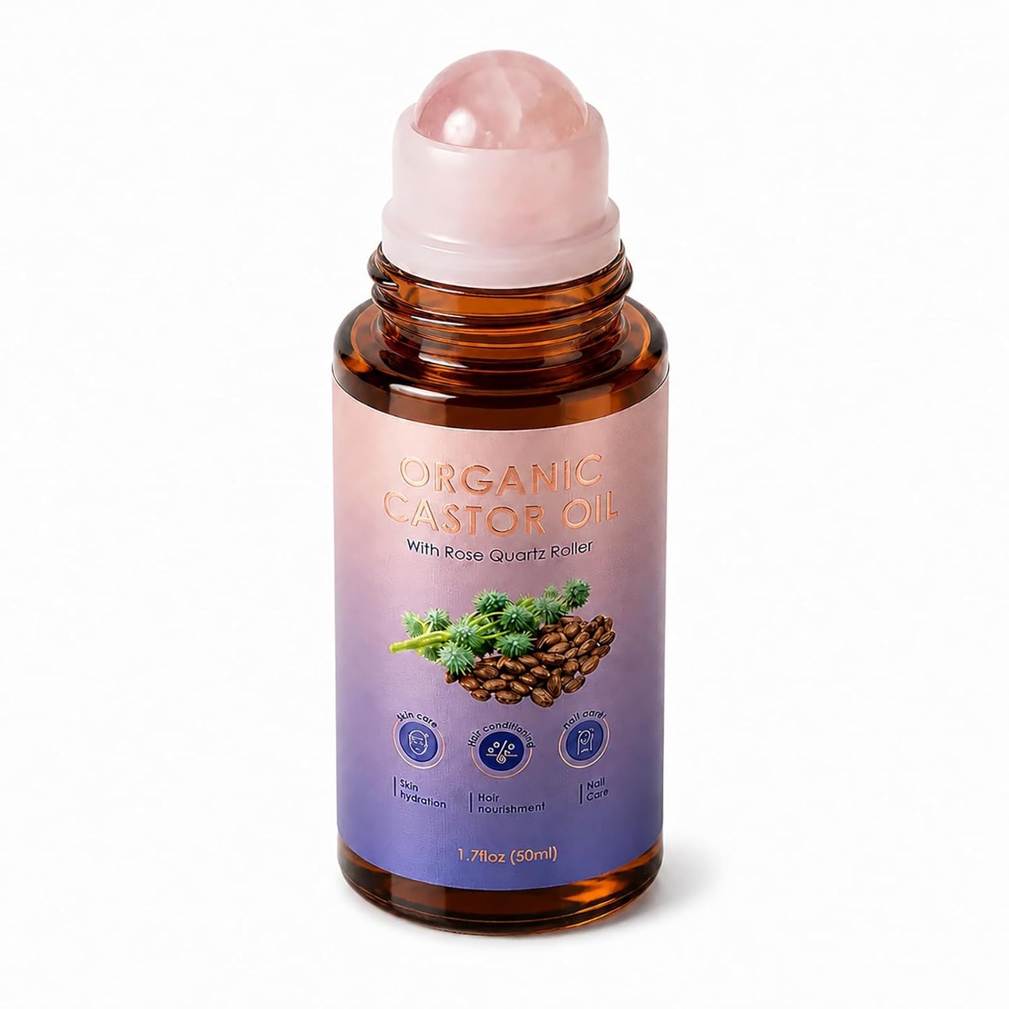Organic Castor Oil Rose Quartz Roller - Cold Pressed for Brows, Lashes & Face | 1.7 Fl Oz, Non-Greasy Design