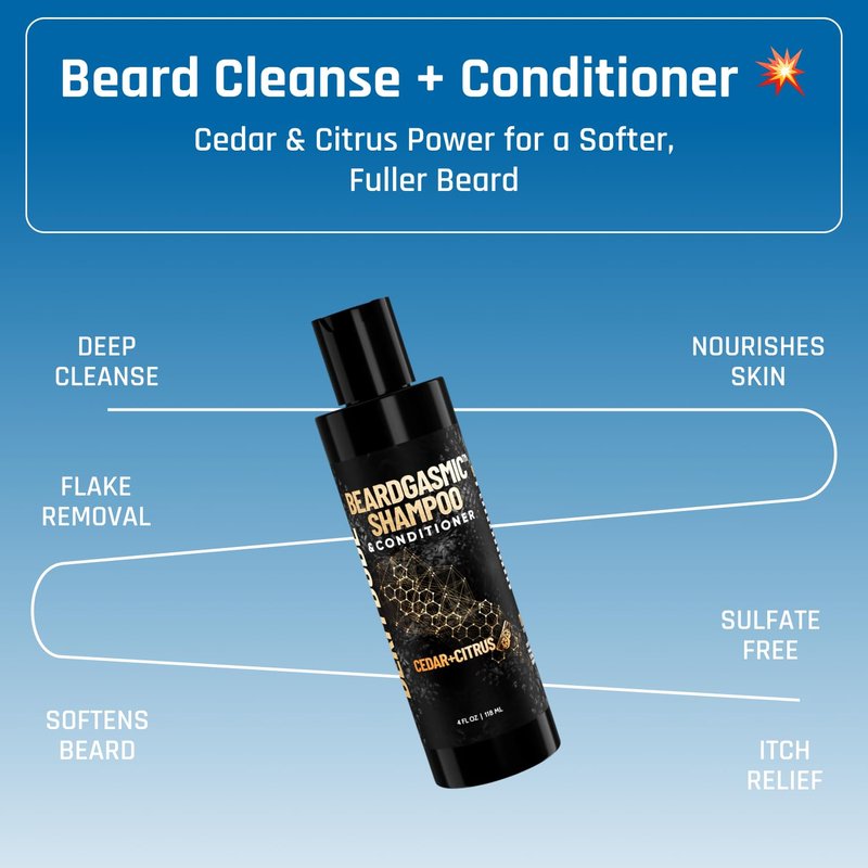 Derm Dude BeardGasmic 2-in-1 Beard Shampoo & Conditioner for Men | Formulated with Aloe Vera & Vitamin E to Clean, Hydrate & Nourish For Thicker Fuller-Looking Beard | Sulfate-Free, Cedar & Citrus 4oz