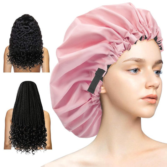 Aquior Shower Cap - Extra Adjustable Double-Layer Waterproof Hair Cap | Large Size for All Hair Types (Pink)