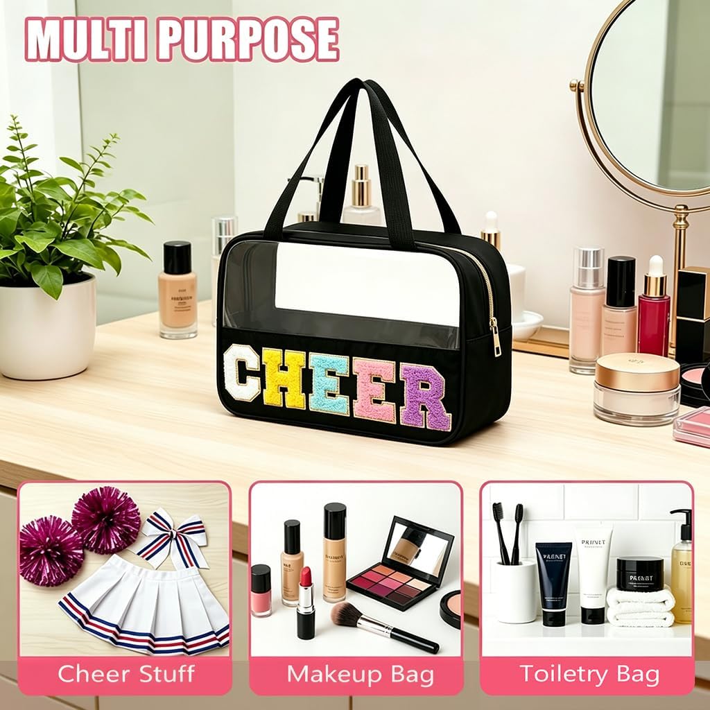 Cheer Makeup Bag - Waterproof Nylon Cosmetic Organizer | Chenille Letter Patch, Perfect Cheerleader Gift for Team