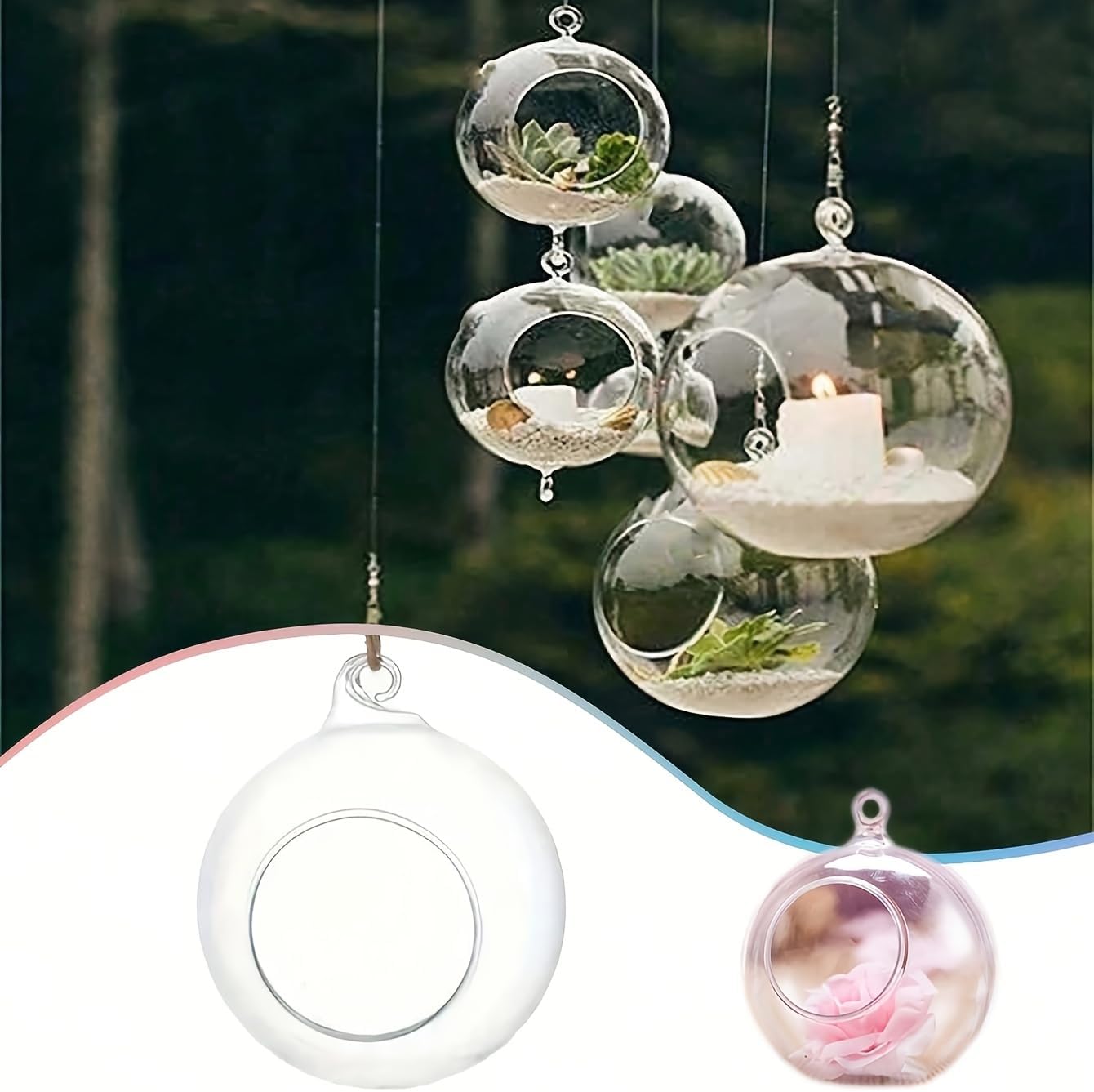 Mini Hanging Glass Tealight Candle Holder - Clear Globe Terrarium Planter | Set of 3