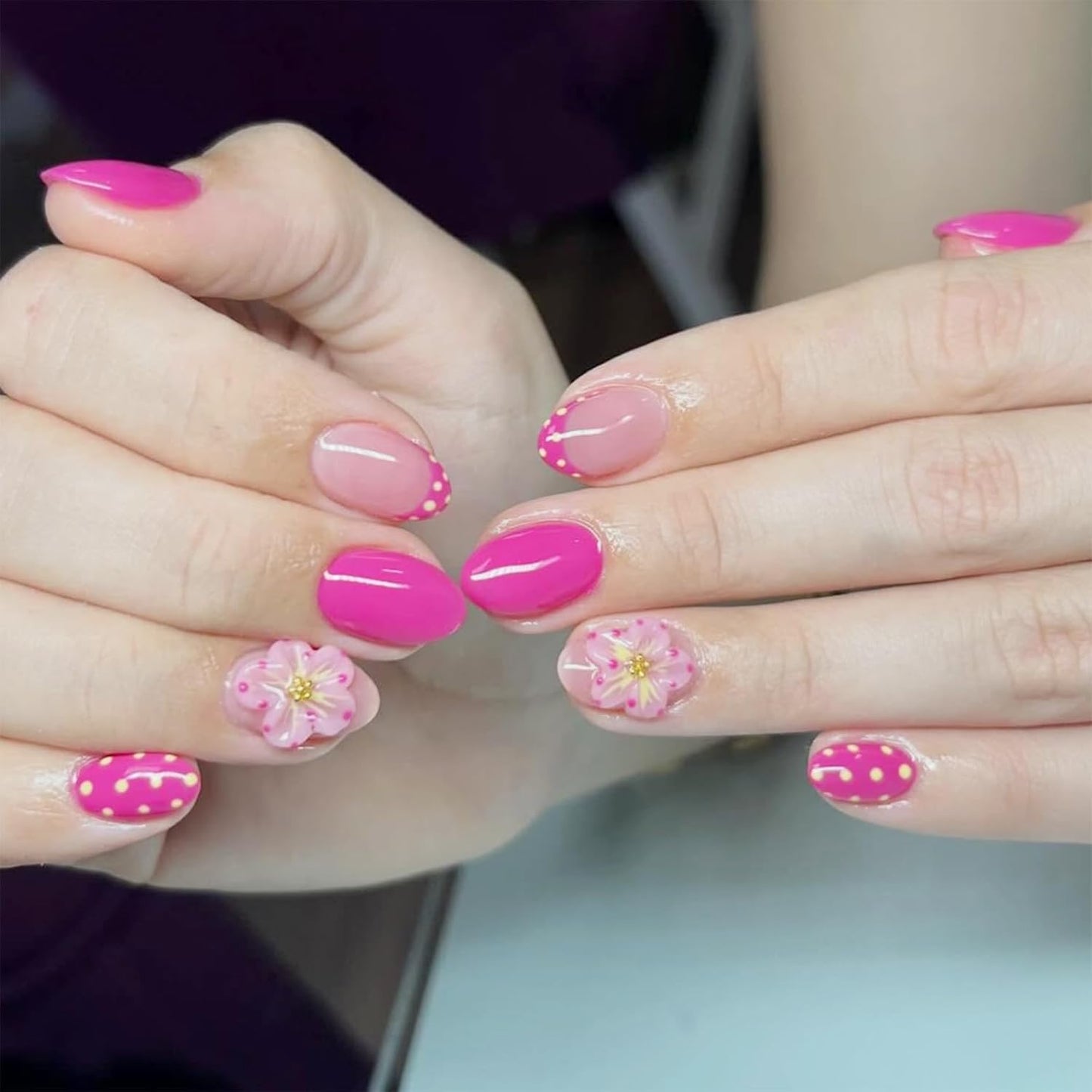 Short Square Press-On Nails - 24 Pcs French Tip with 3D Flower & Star Rhinestones | Full Cover Acrylic, Reusable