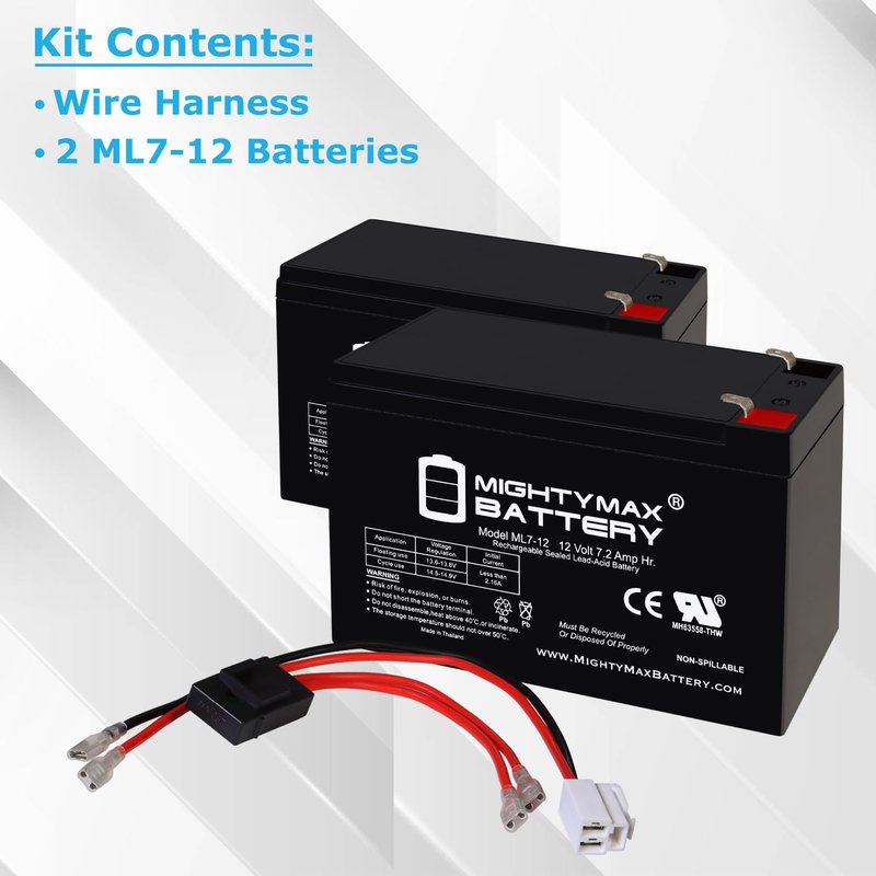 Mighty Max Battery Extended Range Drop in Replacement for 12v Razor Scooter ride on toy 7ah battery kit and harness