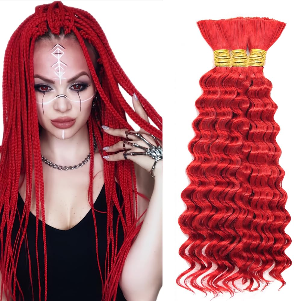 32 32 32 Inch Red Boho Human Hair Braiding Red Human Braiding Hair For Boho Braids Deep Wave Braids Bulk Bohemian 3 Bundles/Pack 150g