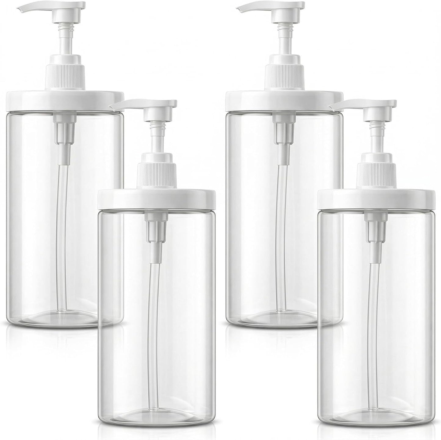 Refillable Pump Bottle Dispenser - 4 Pack 33.8oz Clear PET Plastic Lotion & Shampoo Bottles | Wide Mouth Design for Easy Filling