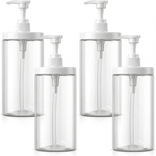 Refillable Pump Bottle Dispenser - 4 Pack 33.8oz Clear PET Plastic Lotion & Shampoo Bottles | Wide Mouth Design for Easy Filling