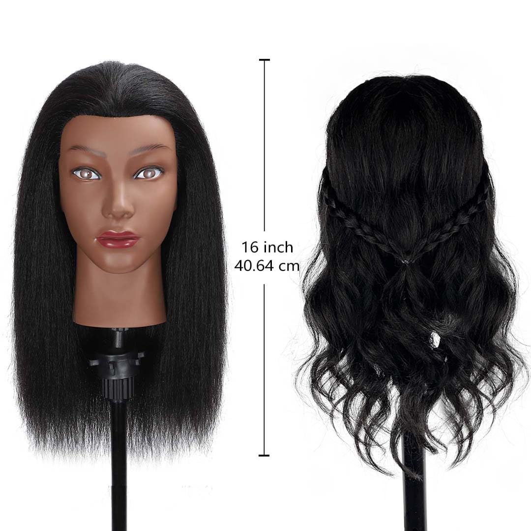 Mannequin Head - 100% Real Human Hair Cosmetology Practice Doll | 16 Inch with Clamp Holder & Tools