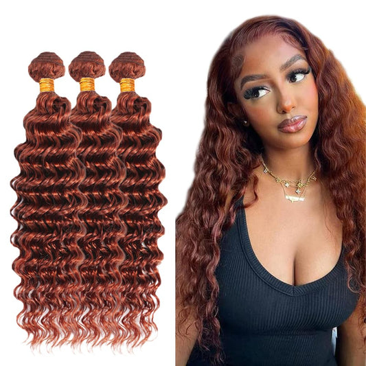 #33 Light Brown Bundles Human Hair Deep Wave Bundles 26 28 30 Inch Brown Unprocessed Brazilian Virgin Hair 3 Bundle 50 Gram Per Bundle Deals Quick Weave Hair Extensions