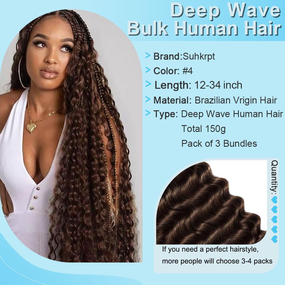 Color 4 Human Braiding Hair For Boho Braids Dark Brown Loose Deep Wave Bulk For Boho Braids 150G 20 Inch Chocolate Brown Curly Bohemian Hair For Braiding