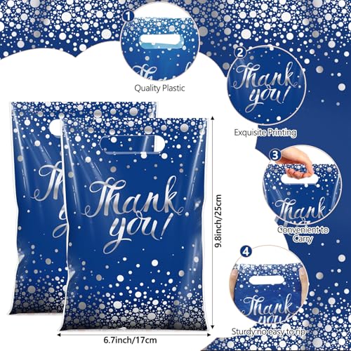 Pajean 100 Pcs Blue & Silver Thank You Gift Bags with Handles